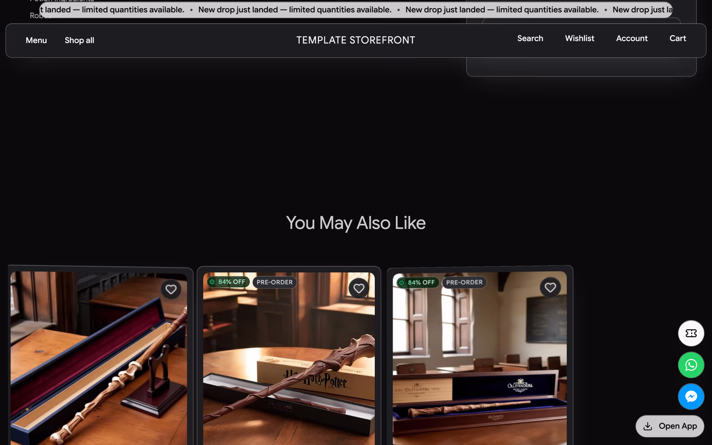 Storefront 008 product page scrolled — you may also like recommendation cards beneath the floating pill navigation bar