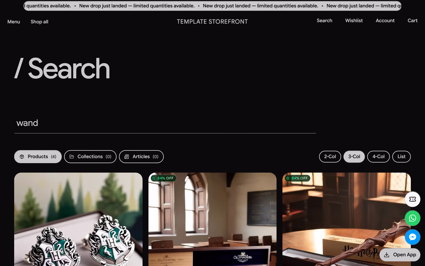 Storefront 008 search results — slash search heading, underlined query field, and rounded result cards with discount badges