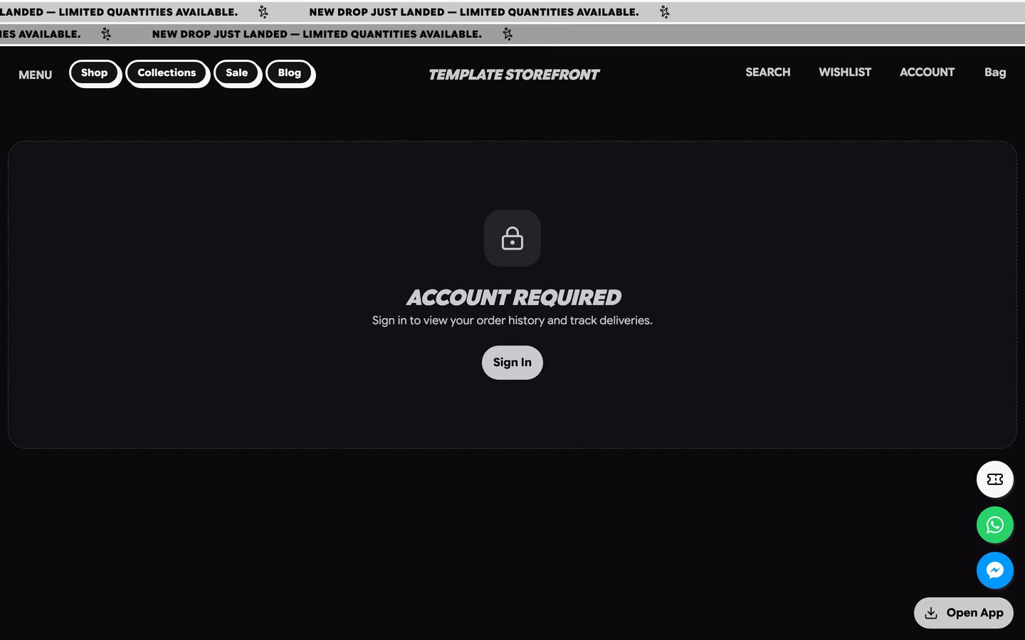 Storefront 009 account orders page — dashed rounded panel with a lock tile and a chunky sign-in pill