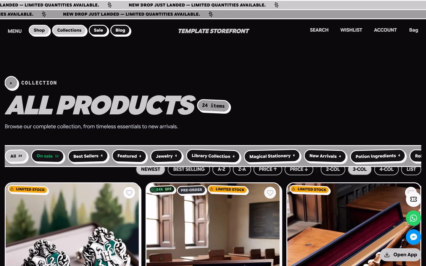 Storefront 009 all products collection — sticker-chip filter scroller above product cards carrying starburst discount stickers
