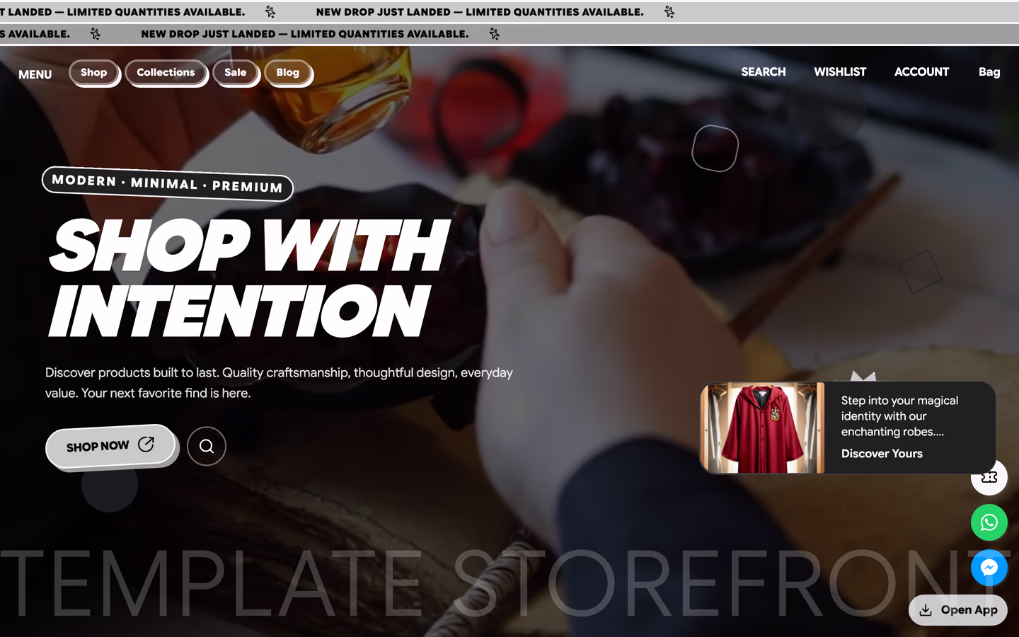 Storefront 009 homepage hero — dual clashing marquees, pill-chip navigation, and a heavy italic all-caps headline over full-bleed photography