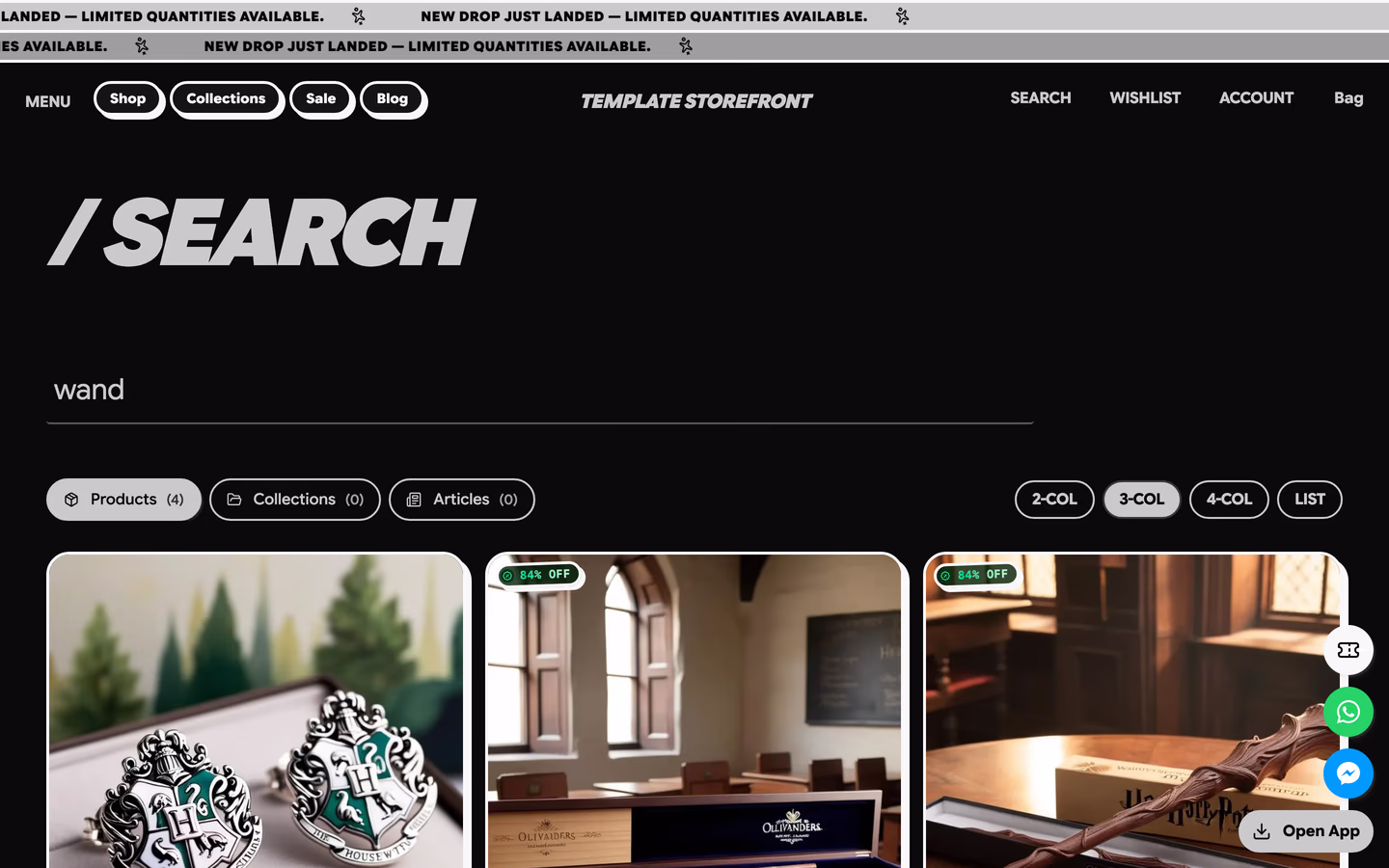 Storefront 009 search results — oversized italic slash search heading with pill result tabs and starburst discount badges