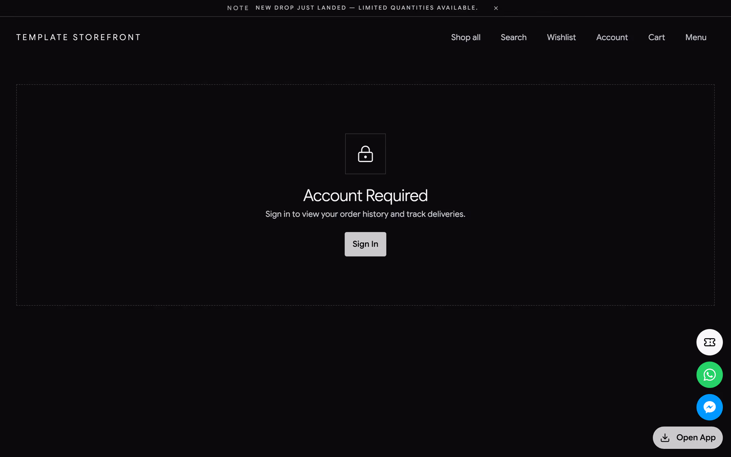 Storefront 010 account orders page — centered dashed rectangle with a lock glyph and a sign-in button