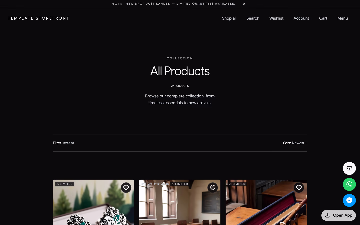 Storefront 010 all products collection — centered masthead with an objects count above a hairline-ruled filter and sort text row