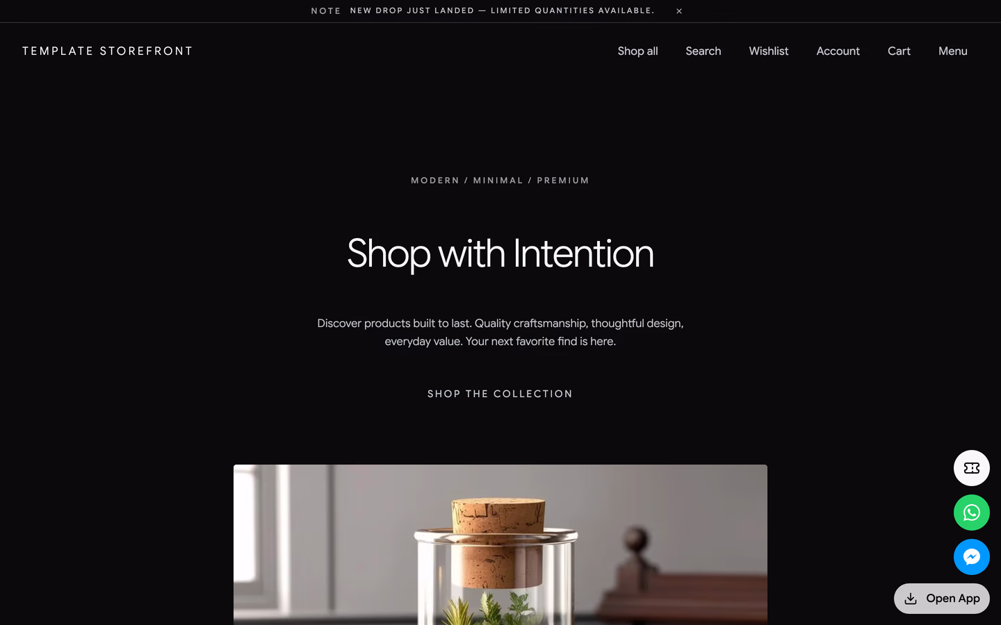 Storefront 010 homepage hero — centered axial composition with a light-weight sans headline, tracked eyebrow, and a shop the collection text link