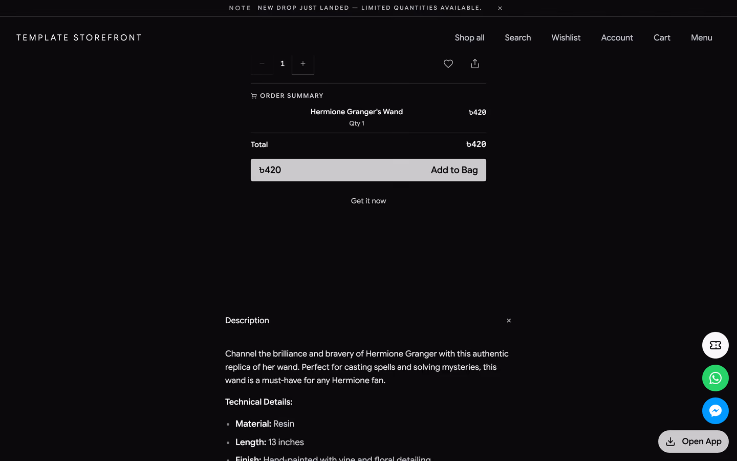 Storefront 010 product page scrolled — centered order summary, add to bag button, and a description disclosure