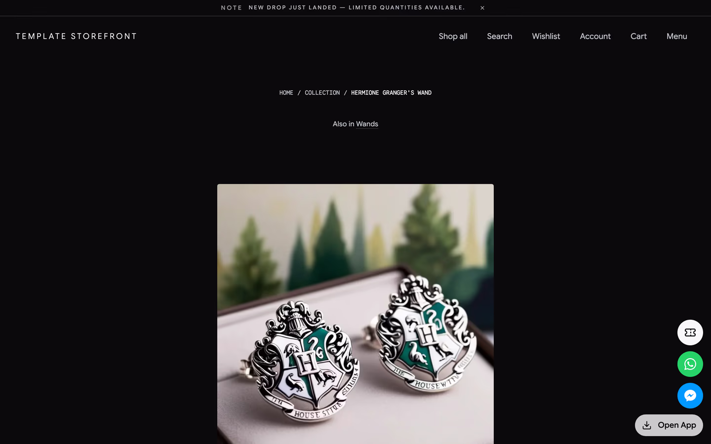 Storefront 010 product detail — single centered column with a small-caps breadcrumb and one product image floating in negative space