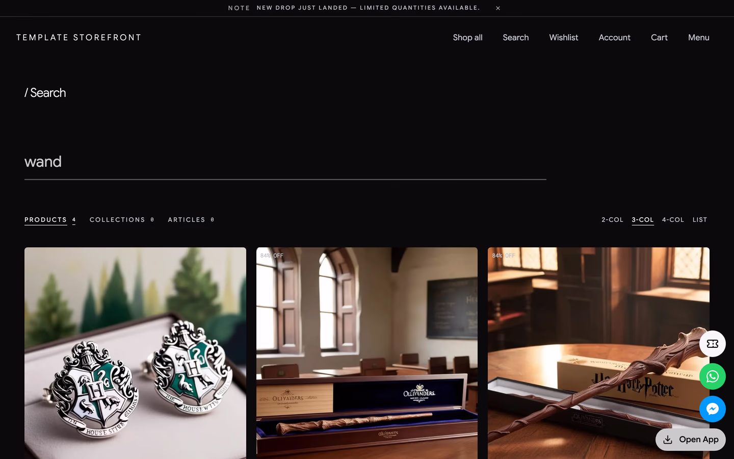 Storefront 010 search results — slash search heading over a hairline-underlined query field and plain-text result tabs