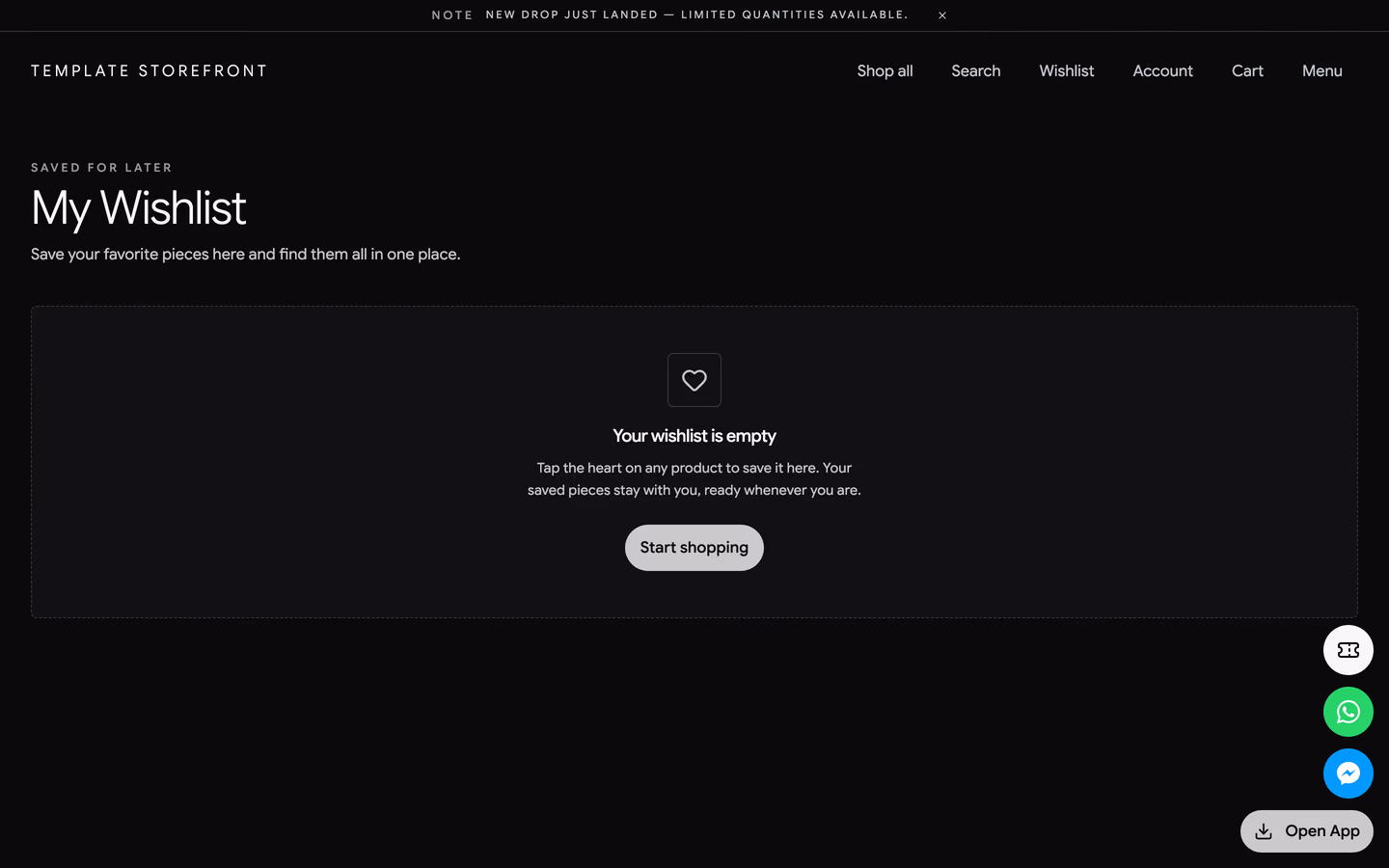 Storefront 010 wishlist page — empty state in a dashed rectangle with a heart glyph and a start shopping button