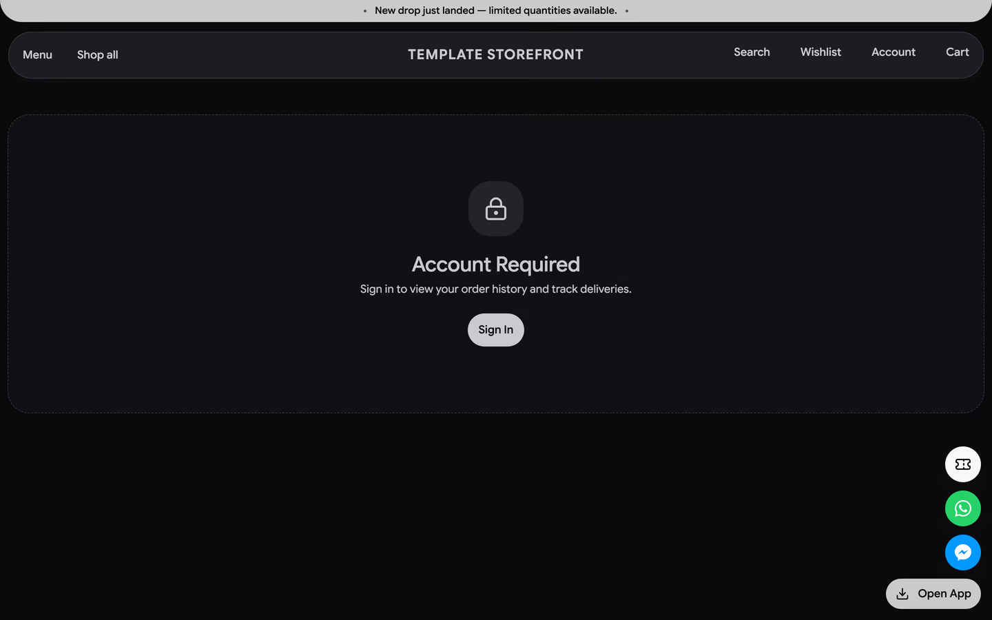 Storefront 011 account orders page — dashed rounded panel with a lock tile and a sign-in pill