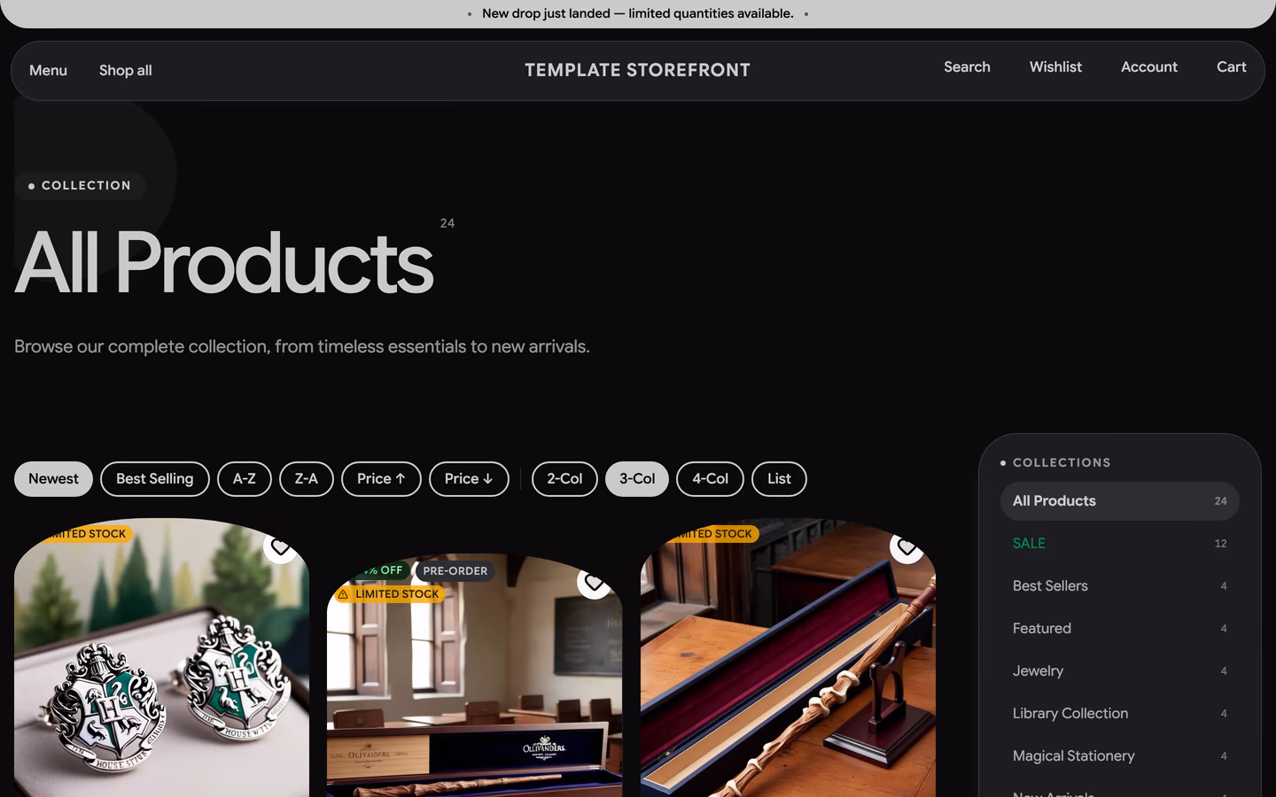 Storefront 011 all products collection — arch-topped product cards with circular wishlist buttons beside a rounded collections panel rail