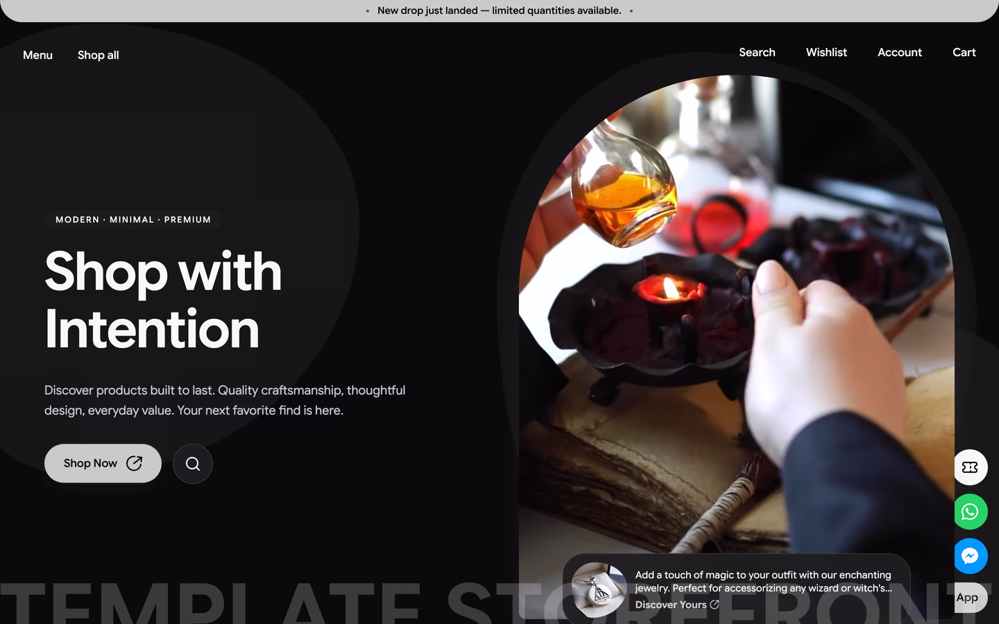 Storefront 011 homepage hero — asymmetric two-lobe layout with an arch-masked product image and soft circular blob backdrops