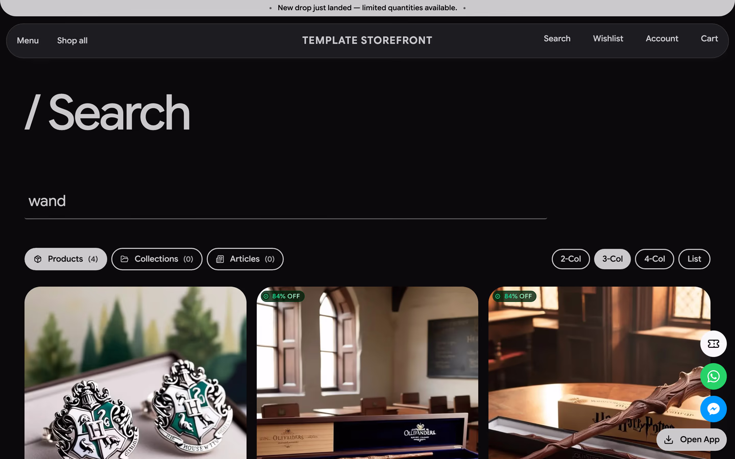 Storefront 011 search results — slash search heading with a rounded pill query field and pill result tabs