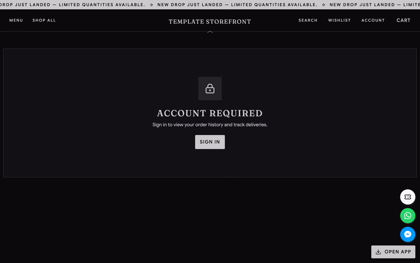 Storefront 012 account orders page — hairline-framed sign-in gate with a square padlock tile