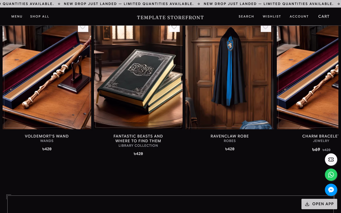 Storefront 012 homepage featured products — four-up row of portrait product cells with small-caps names and tabular prices