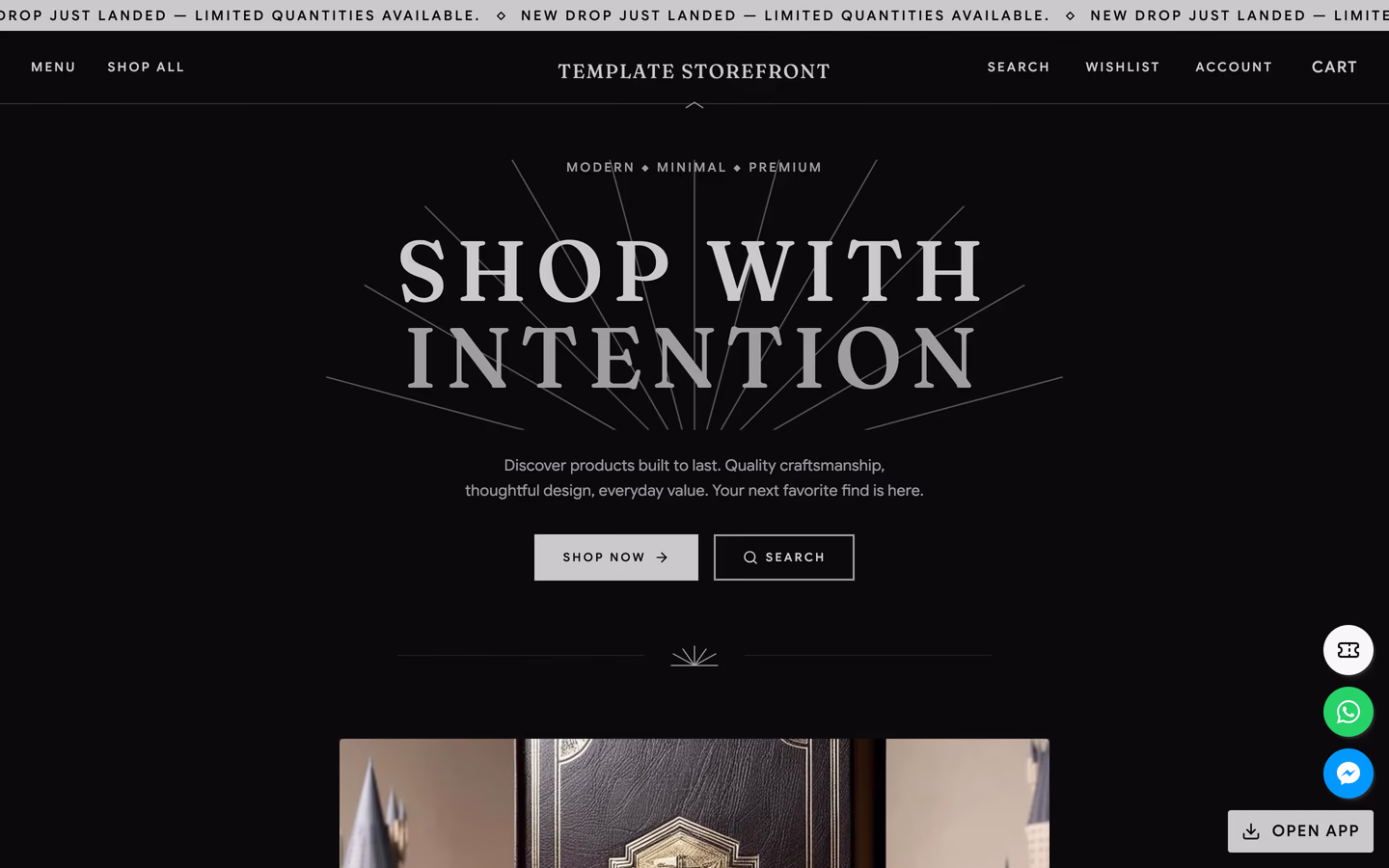 Storefront 012 homepage hero — axial-symmetric stacked serif headline over a radial sunburst motif with square shop now and search buttons