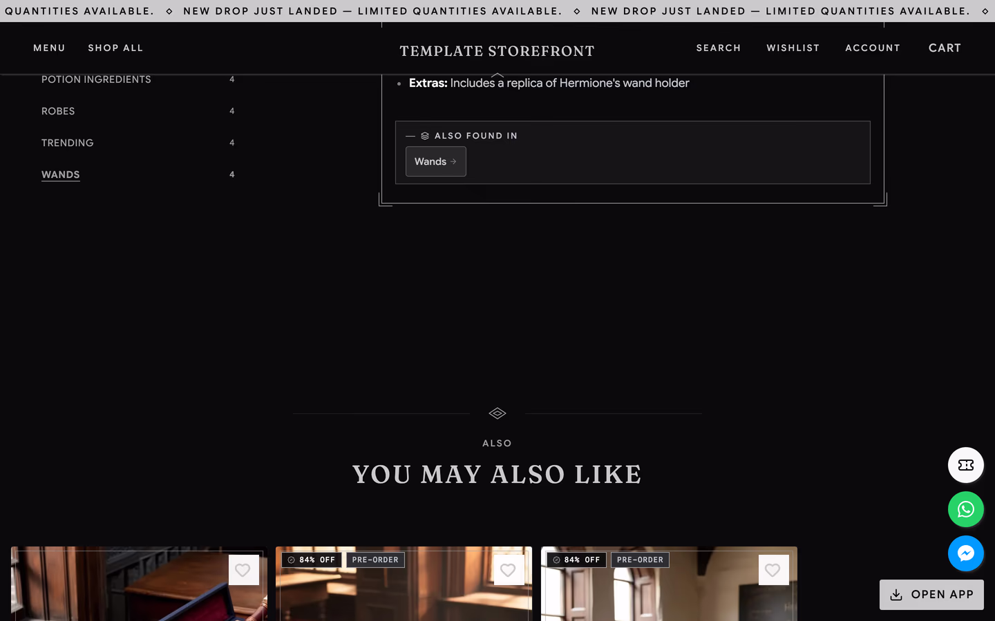 Storefront 012 product page scrolled — framed specification panel above a lozenge-divided you may also like row