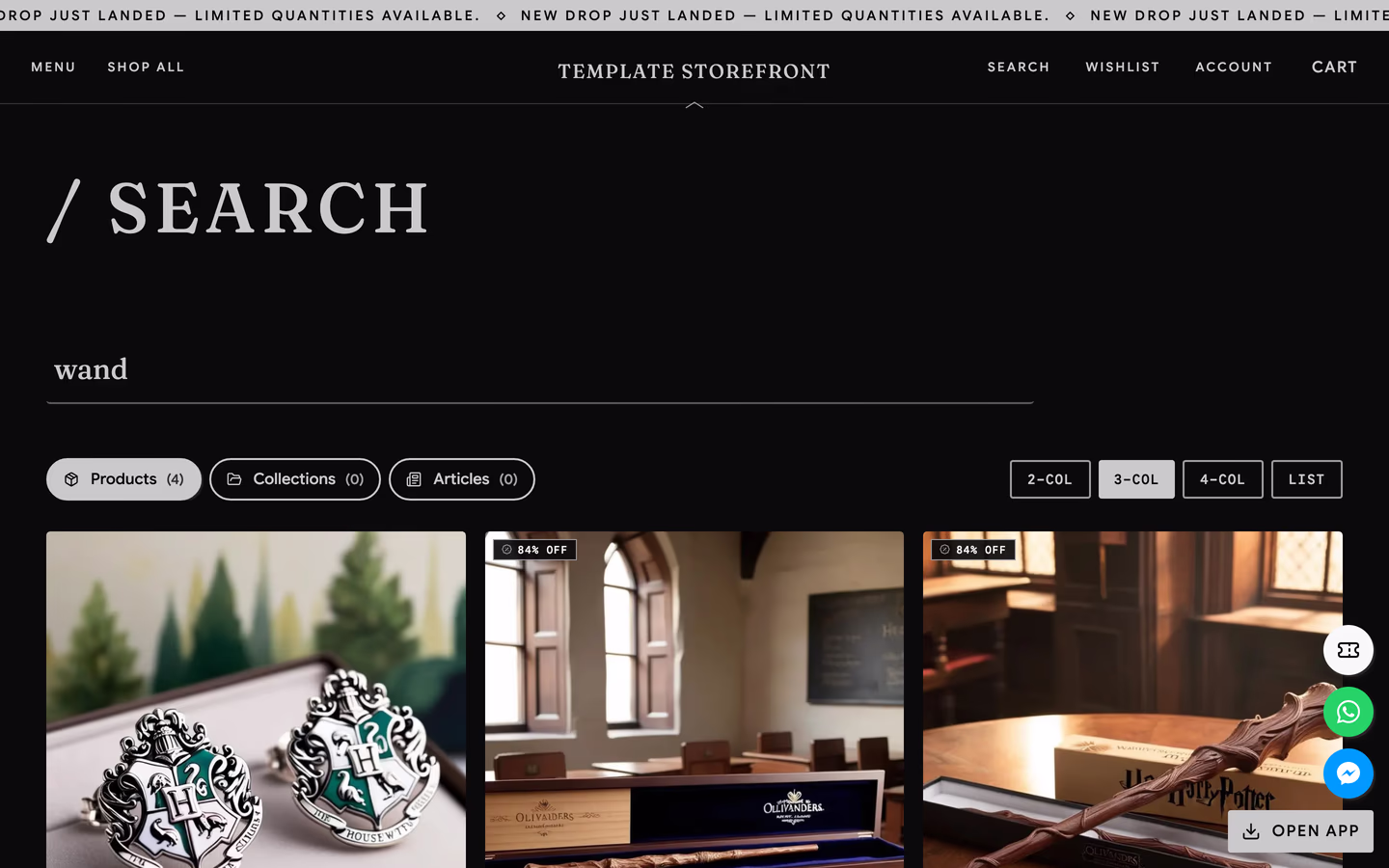 Storefront 012 search results — serif slash search heading with an underlined query field and square column toggles