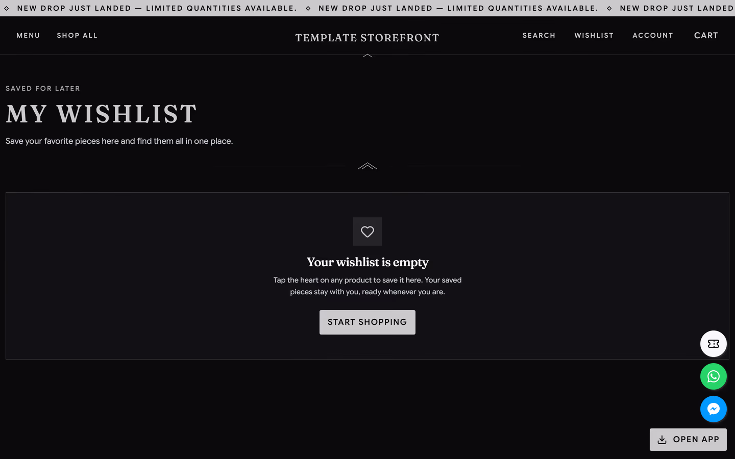 Storefront 012 wishlist page — empty state inside a hairline frame with a square heart tile and a filled start shopping button